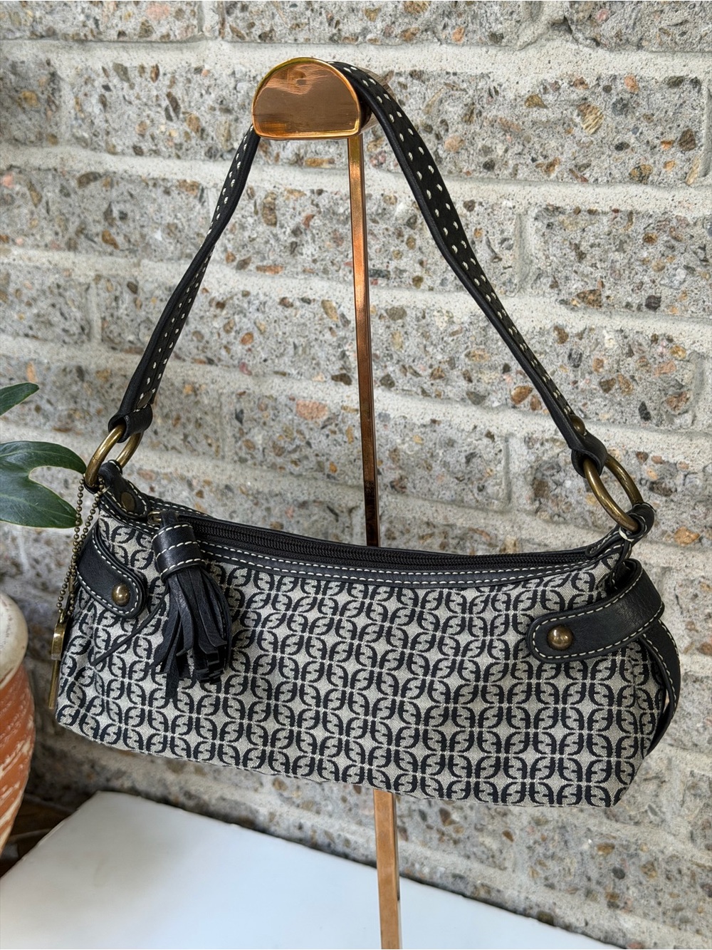 Fossil Black & Cream Monogram Baguette Shoulder Bag With Tassel